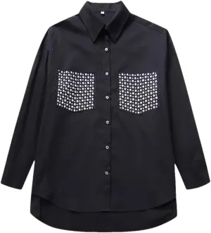 Rfmfkkg Women Rivet Decoration Loose Shirt Solid Color Shirt Turn-Down Collar Work Tops Blouse