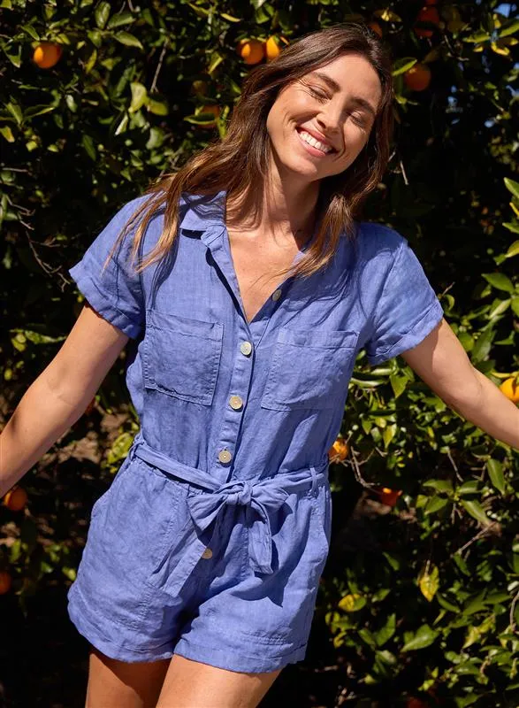 Rolled Hem Utility Romper - Bahia Blue