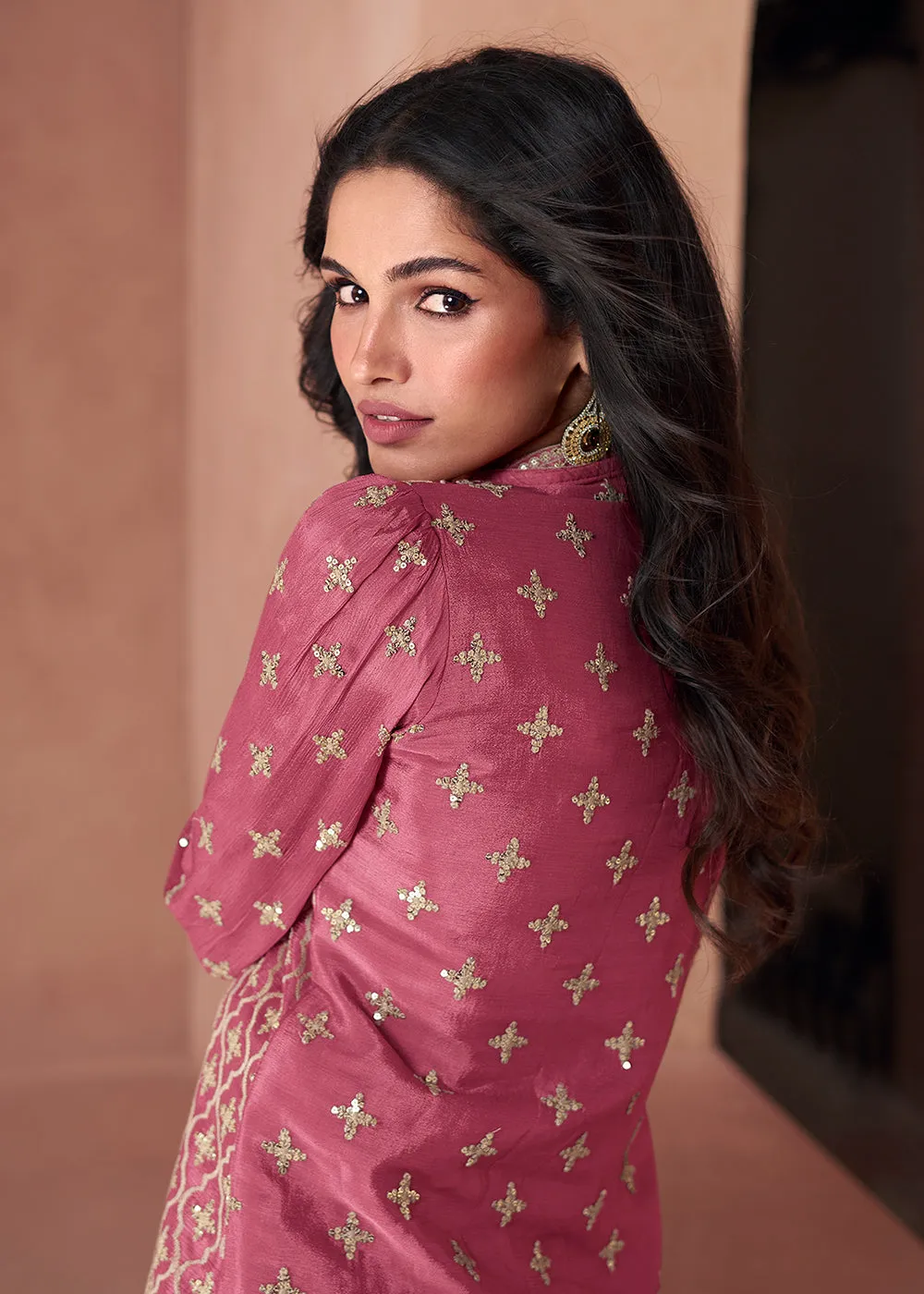 Rosewood Pink Chinnon Silk 3-Piece Indo Western Dress