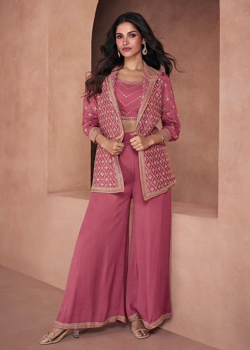 Rosewood Pink Chinnon Silk 3-Piece Indo Western Dress