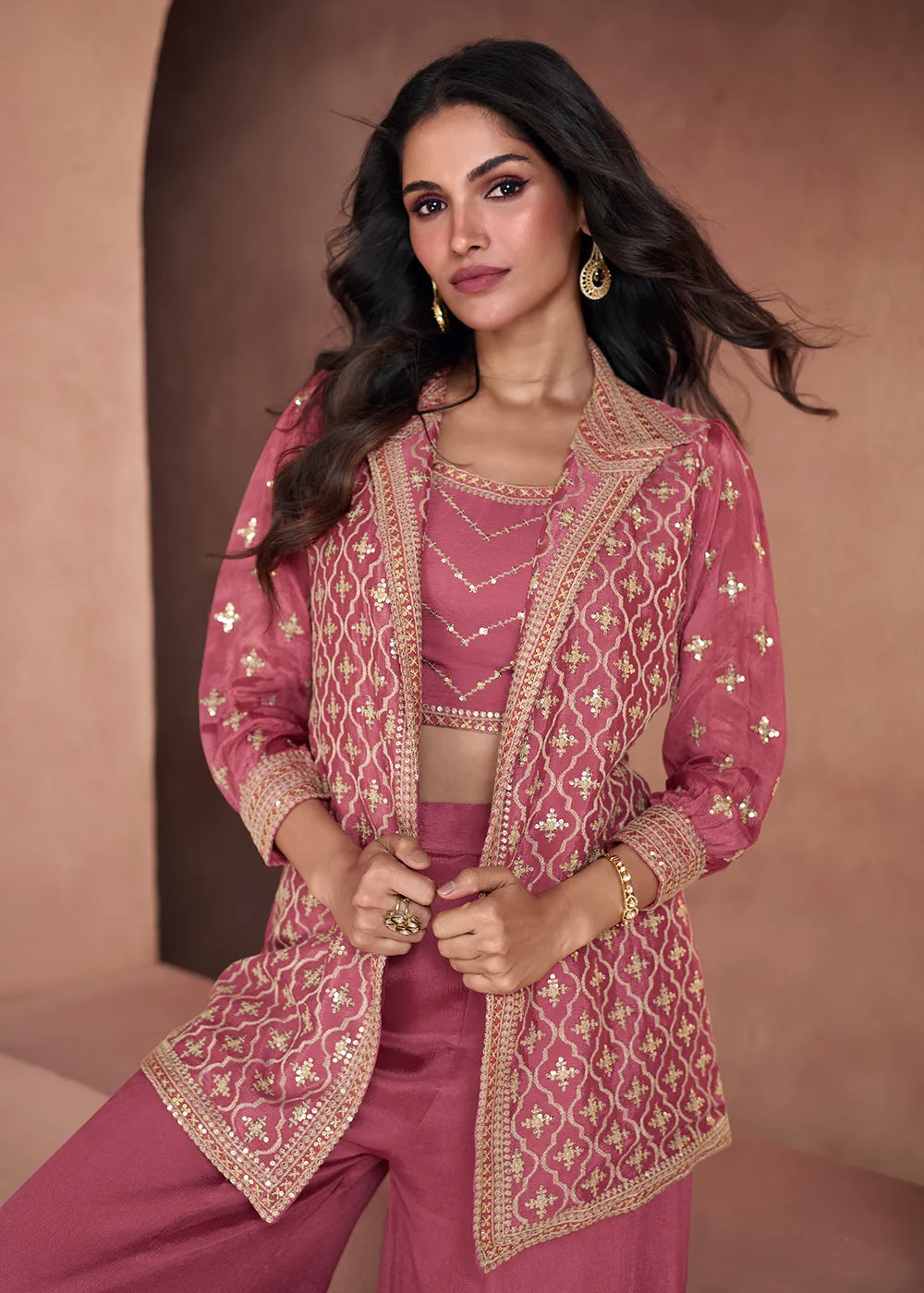 Rosewood Pink Chinnon Silk 3-Piece Indo Western Dress