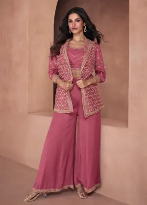 Rosewood Pink Chinnon Silk 3-Piece Indo Western Dress