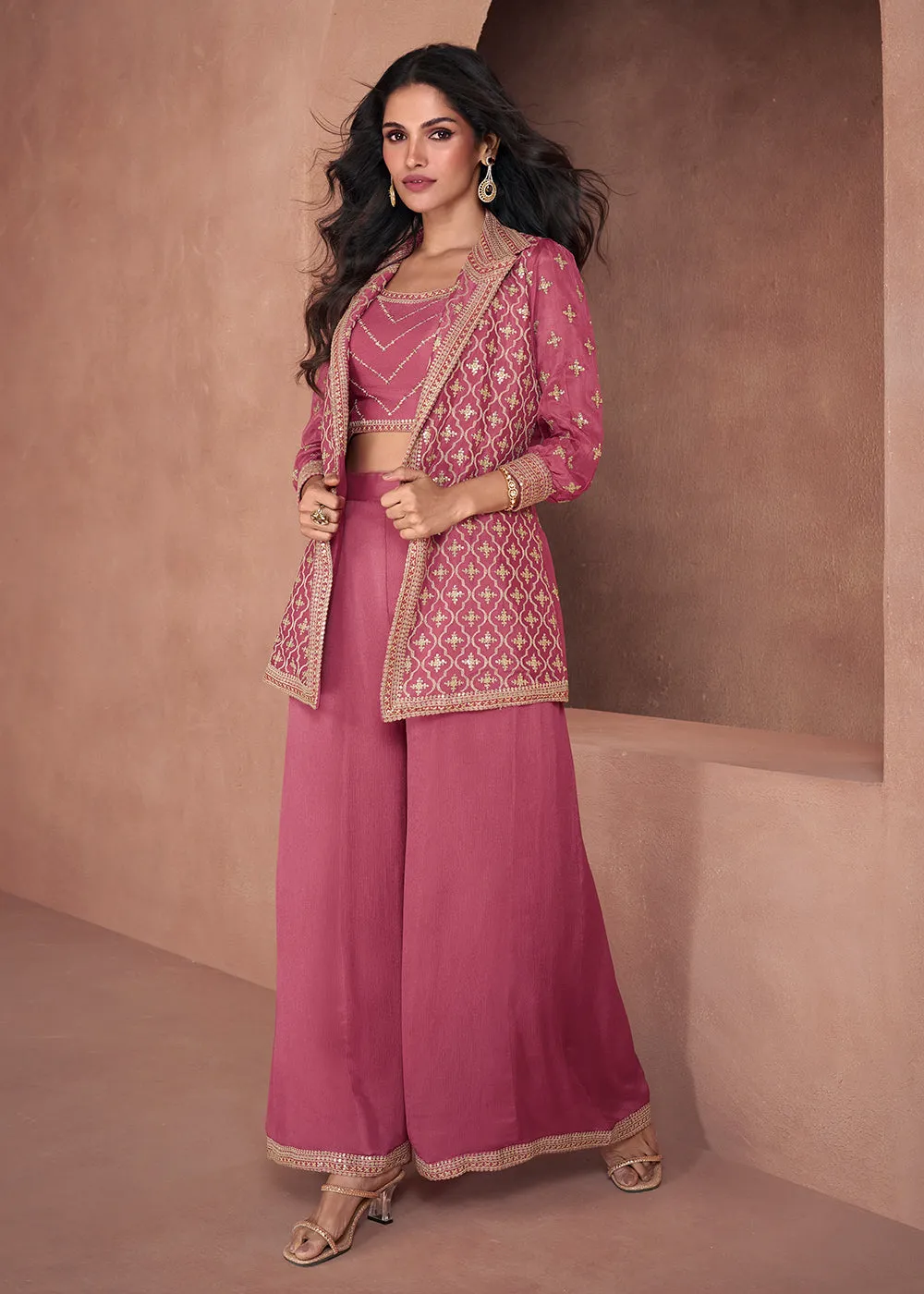 Rosewood Pink Chinnon Silk 3-Piece Indo Western Dress