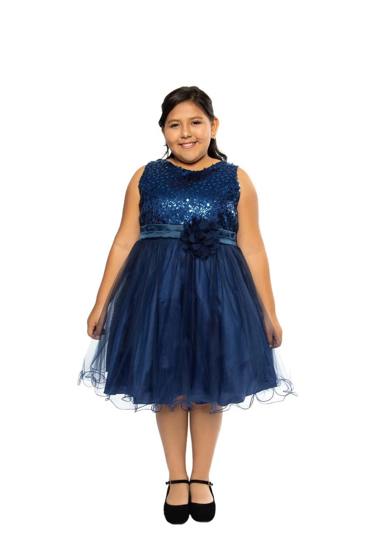 Sequin Party Plus Size Girls Dress with 3D Mesh Flower and Sash