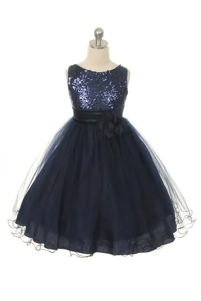 Sequin Party Plus Size Girls Dress with 3D Mesh Flower and Sash
