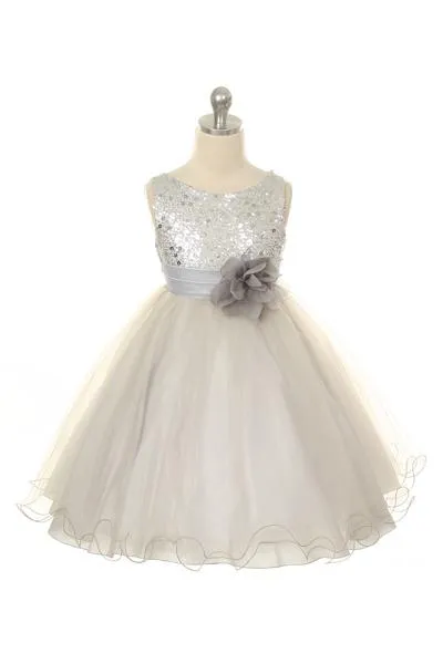 Sequin Party Plus Size Girls Dress with 3D Mesh Flower and Sash