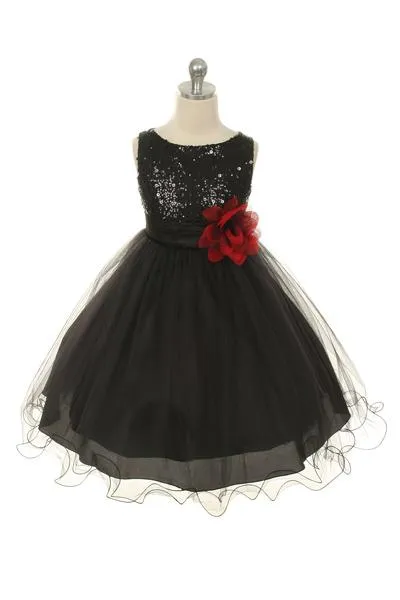 Sequin Party Plus Size Girls Dress with 3D Mesh Flower and Sash