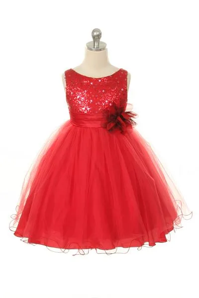 Sequin Party Plus Size Girls Dress with 3D Mesh Flower and Sash