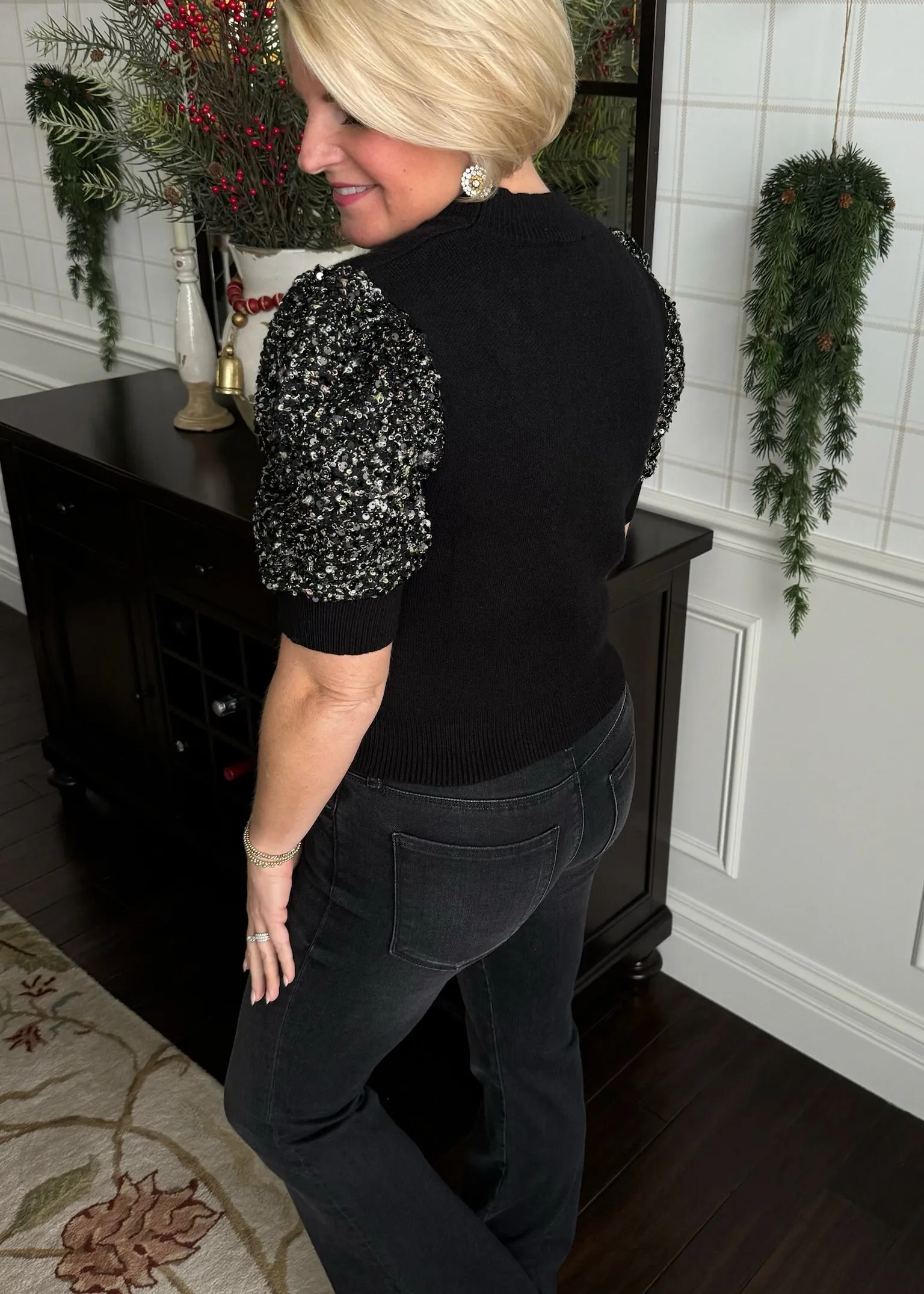 Sequin Sleeve Knit Black Top