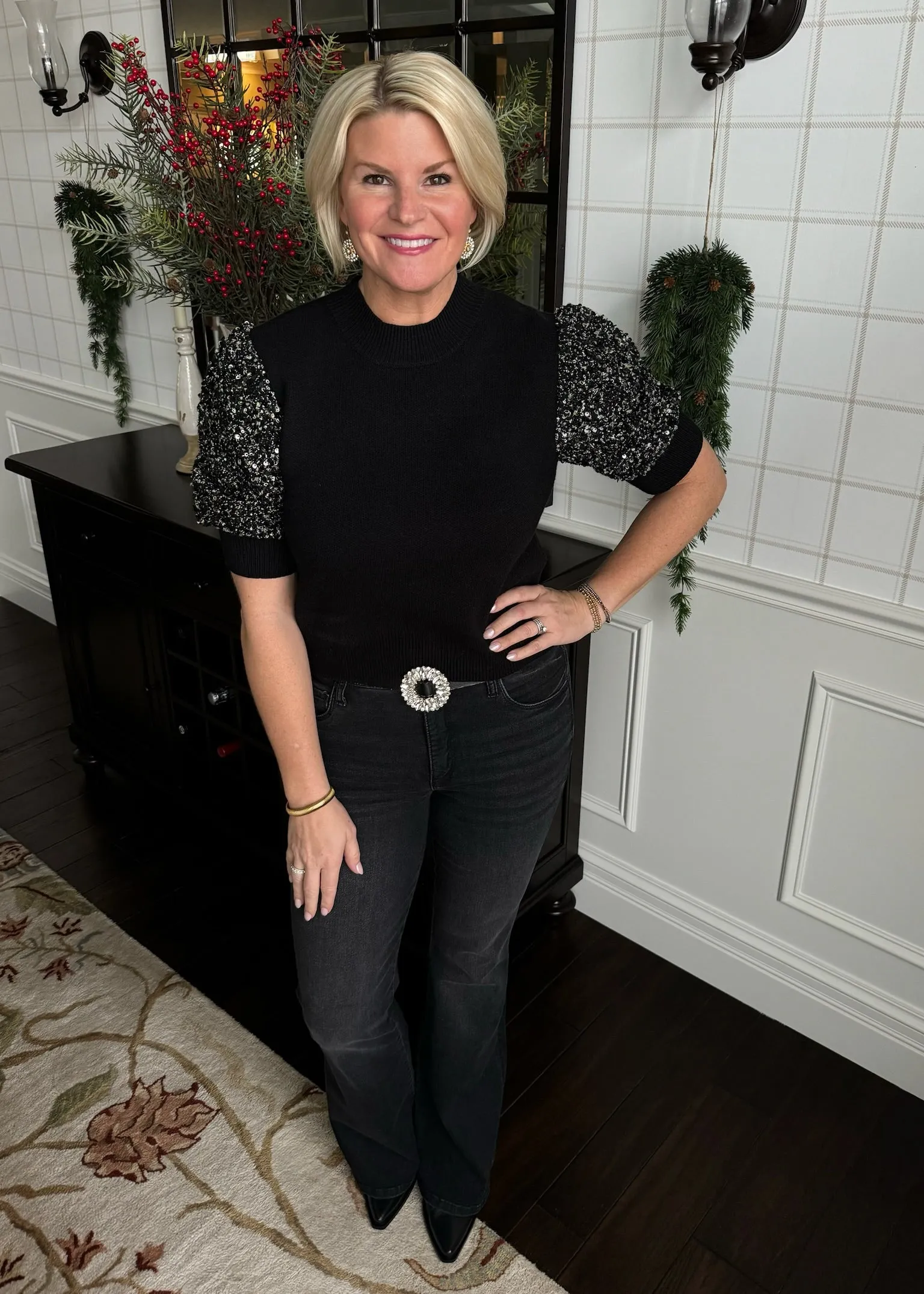 Sequin Sleeve Knit Black Top