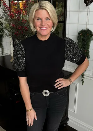 Sequin Sleeve Knit Black Top