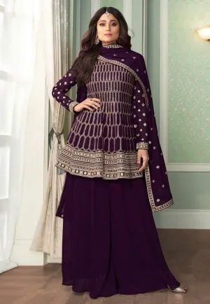 Shamita Shetty Plum Peplon Style Embroidered Palazzo Suit