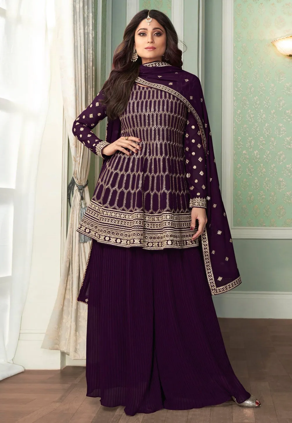 Shamita Shetty Plum Peplon Style Embroidered Palazzo Suit