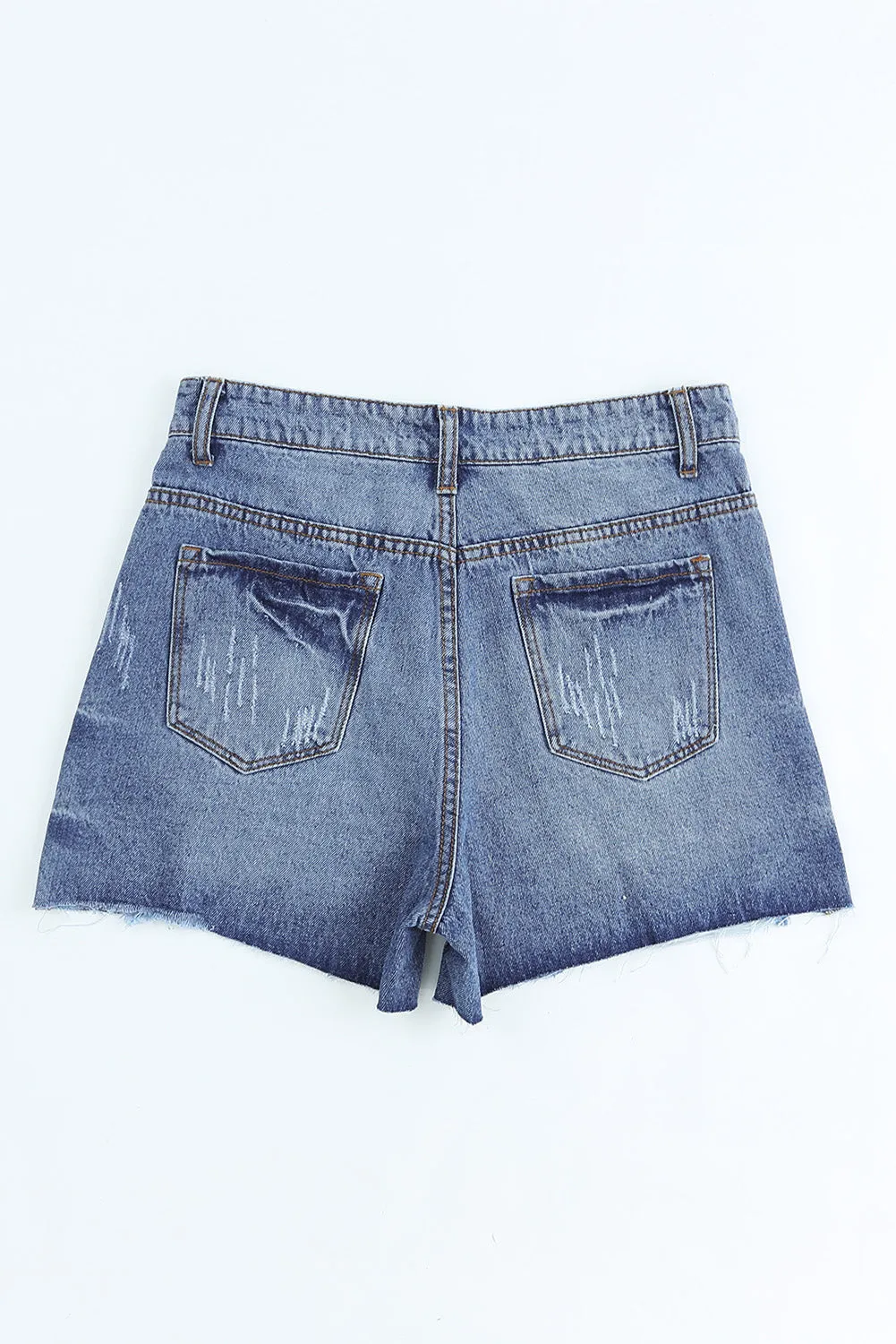 Sky Blue Button-fly High Rise Distressed Denim Shorts