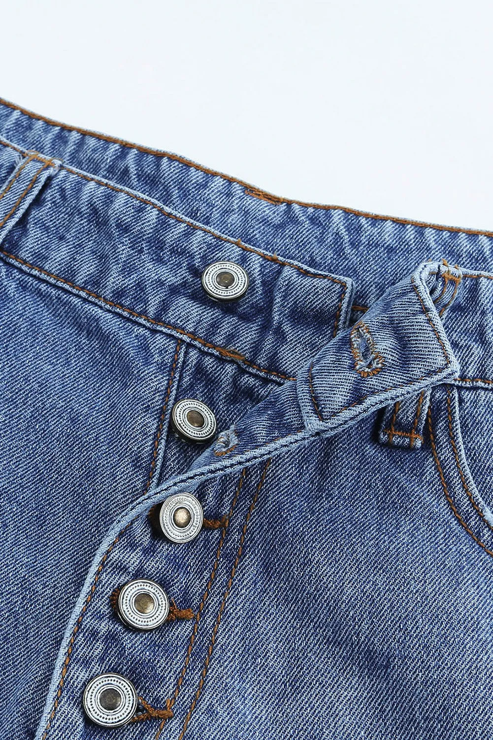 Sky Blue Button-fly High Rise Distressed Denim Shorts
