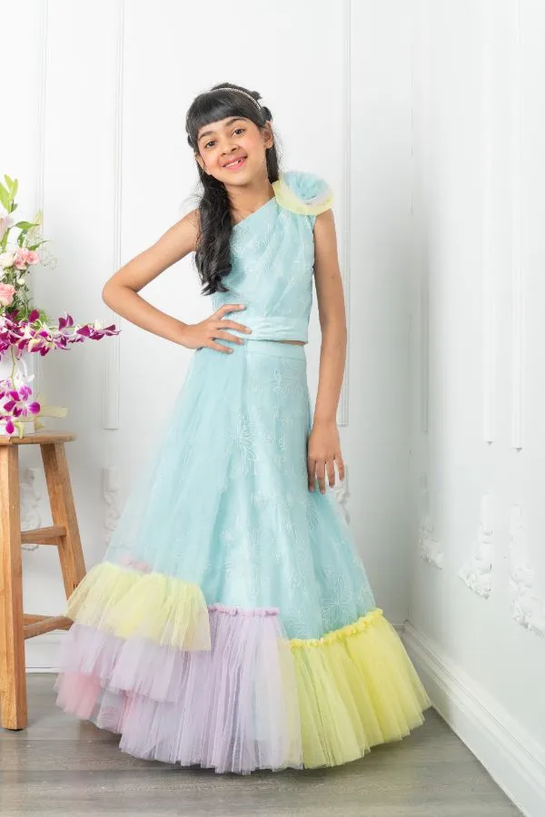 Slant Cut Crop top with heavy embroidered Lahenga