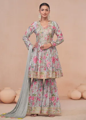 Soft Grey Embroidered & Digital Printed Festive Gharara Suit