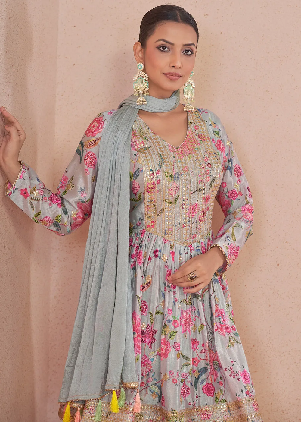 Soft Grey Embroidered & Digital Printed Festive Gharara Suit