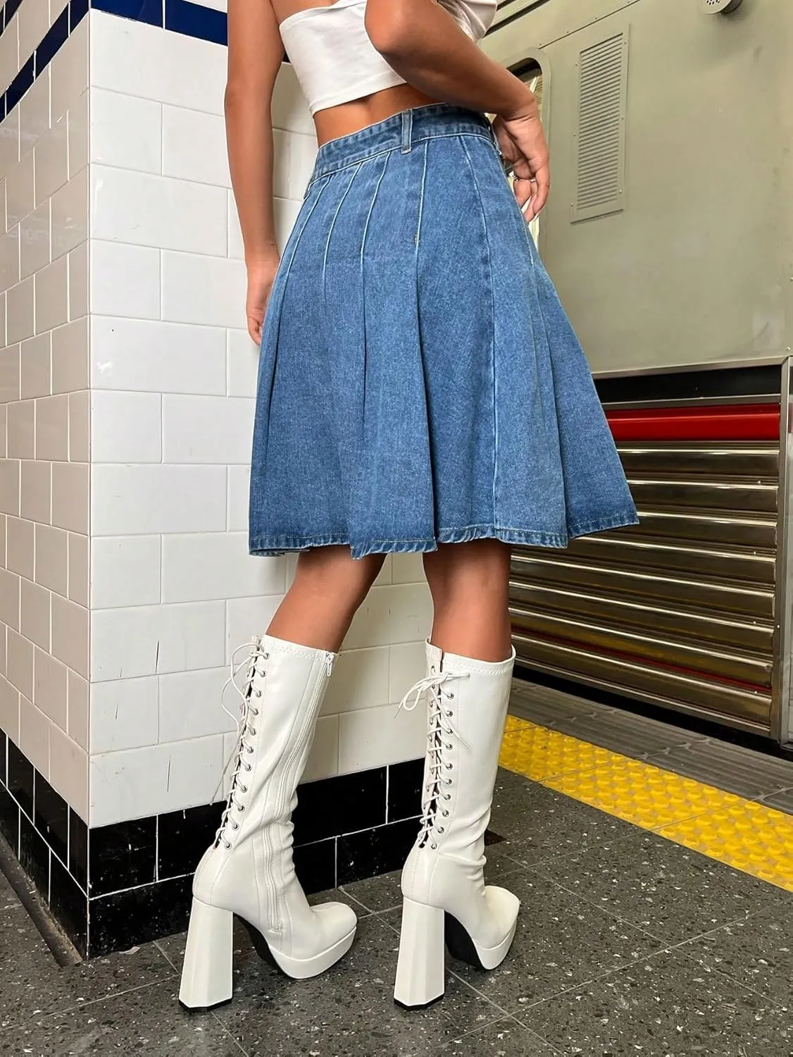 SweatyRocks Women's High Waist Jean Skirt Casual Basic Pleated A Line Midi Denim Skirts