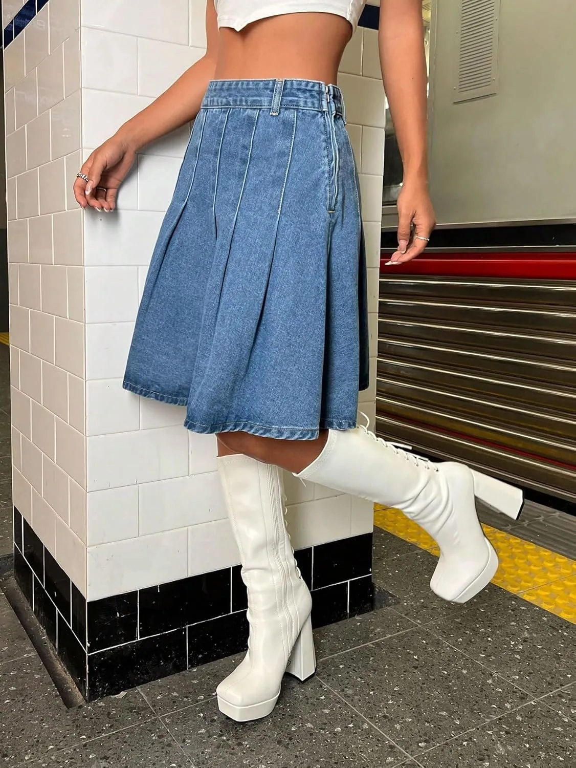 SweatyRocks Women's High Waist Jean Skirt Casual Basic Pleated A Line Midi Denim Skirts
