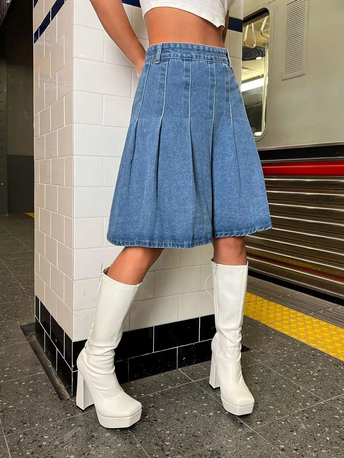 SweatyRocks Women's High Waist Jean Skirt Casual Basic Pleated A Line Midi Denim Skirts