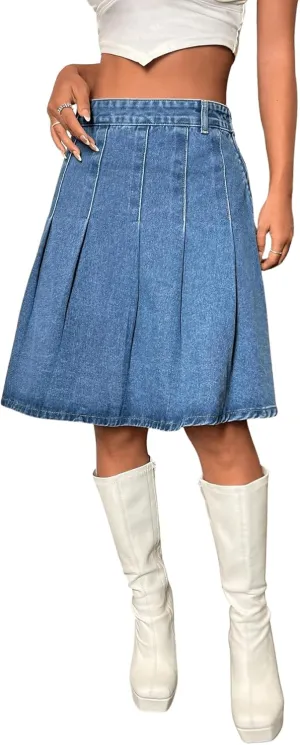 SweatyRocks Women's High Waist Jean Skirt Casual Basic Pleated A Line Midi Denim Skirts