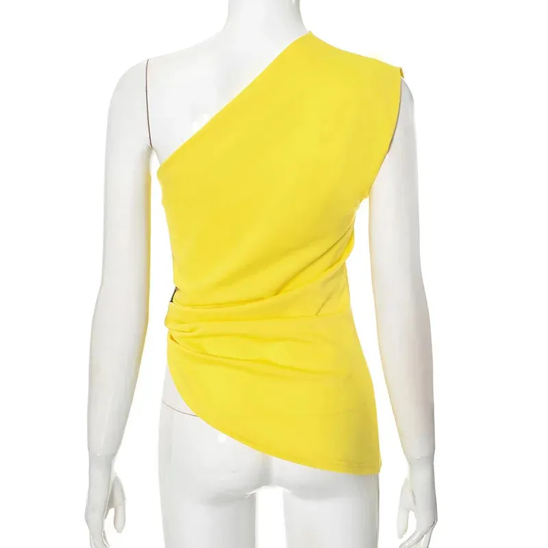 TAVIMART  -  Solid Single Shoulder Slant Neck Top Simple Versatile Personalized Street Asymmetric Twisted Buckle Sleeveless T-shirt