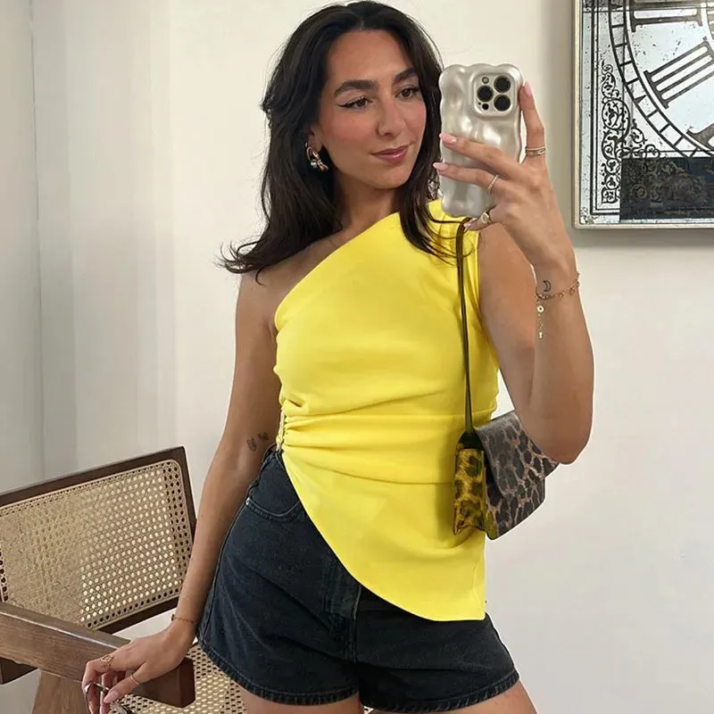 TAVIMART  -  Solid Single Shoulder Slant Neck Top Simple Versatile Personalized Street Asymmetric Twisted Buckle Sleeveless T-shirt