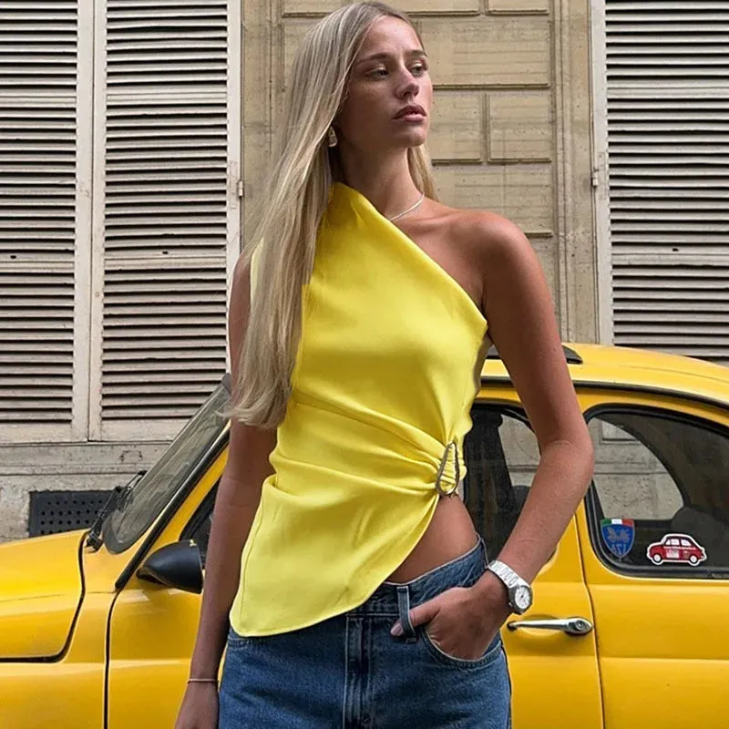 TAVIMART  -  Solid Single Shoulder Slant Neck Top Simple Versatile Personalized Street Asymmetric Twisted Buckle Sleeveless T-shirt