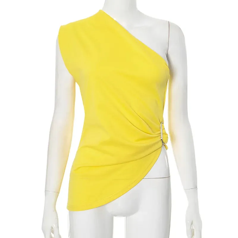 TAVIMART  -  Solid Single Shoulder Slant Neck Top Simple Versatile Personalized Street Asymmetric Twisted Buckle Sleeveless T-shirt