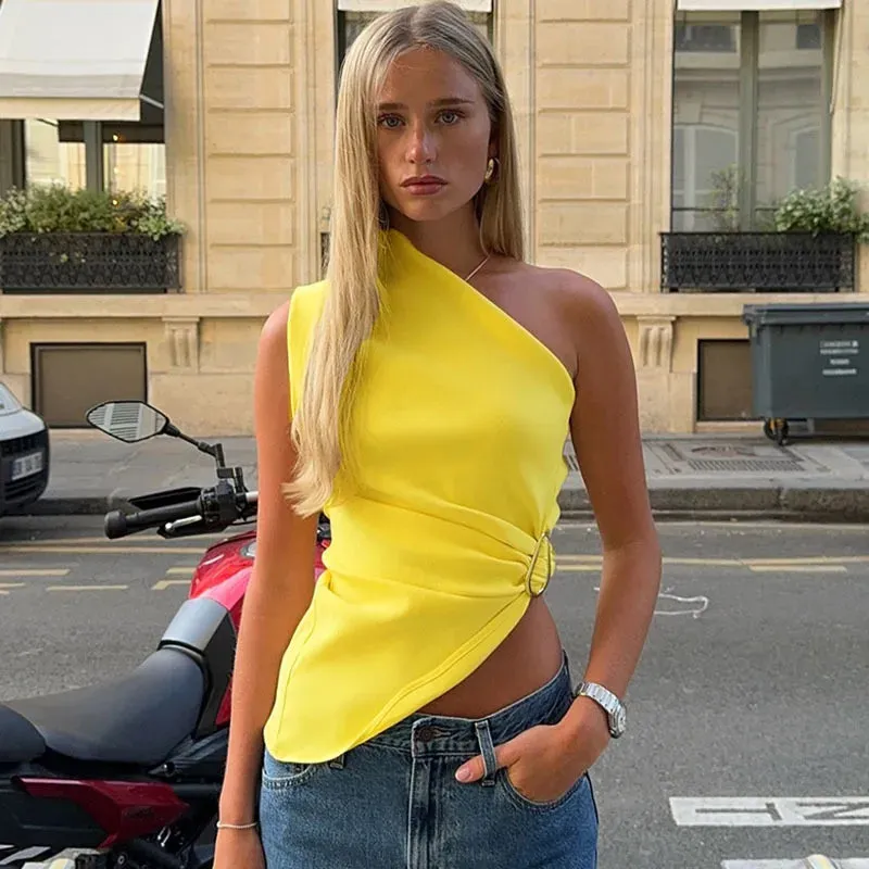 TAVIMART  -  Solid Single Shoulder Slant Neck Top Simple Versatile Personalized Street Asymmetric Twisted Buckle Sleeveless T-shirt