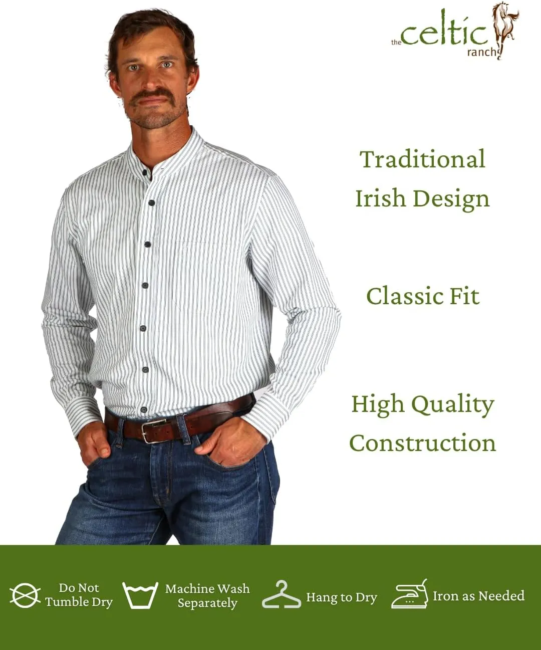 Traditional Irish Grandfather Shirt, Men's Casual Long Sleeve Button Down Collarless Dress Shirt