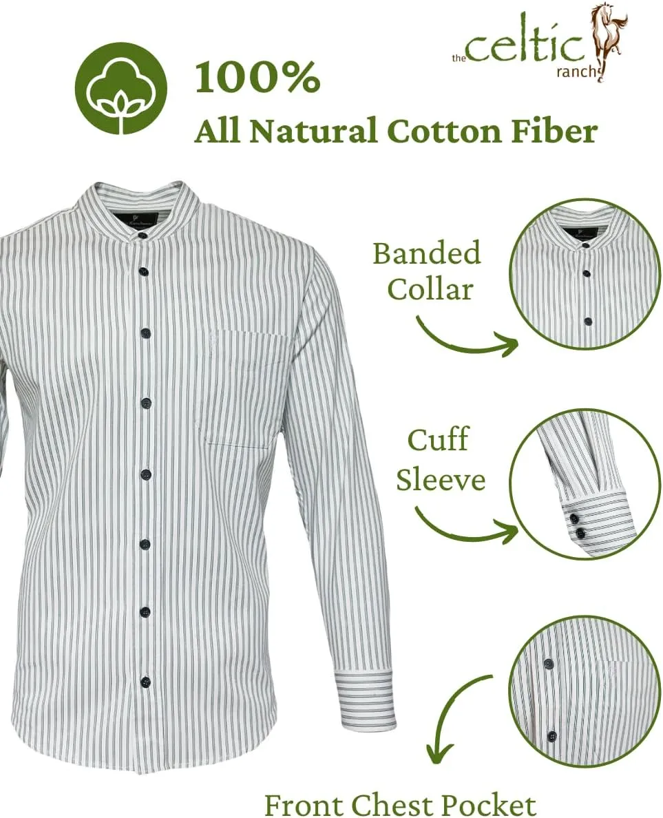 Traditional Irish Grandfather Shirt, Men's Casual Long Sleeve Button Down Collarless Dress Shirt