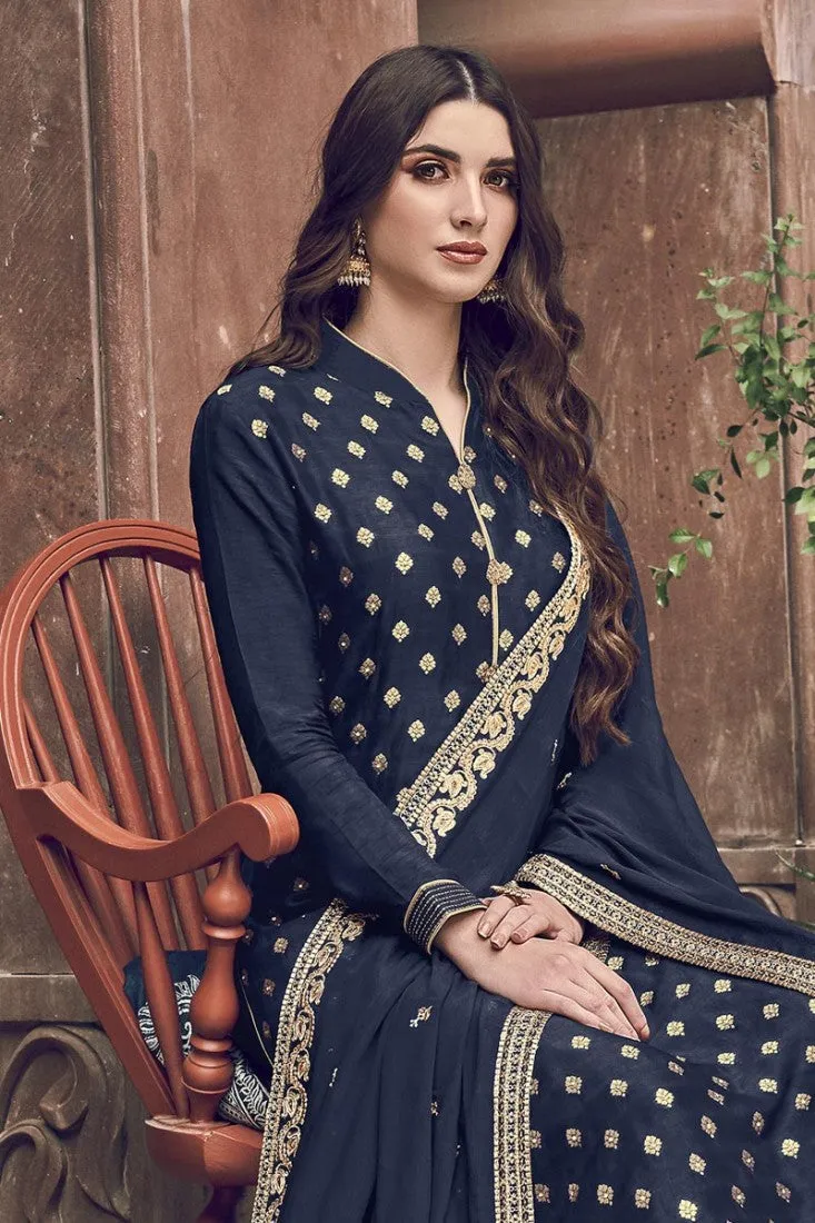Tuna Blue Jacquard Embroidered Palazzo Style Suit
