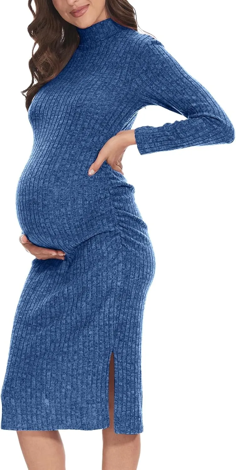 Turtleneck Maternity Dress Rib Knit Long Sleeve Photoshoot Baby Shower Dress Side Ruched Slit Pregnancy Sweater Dress
