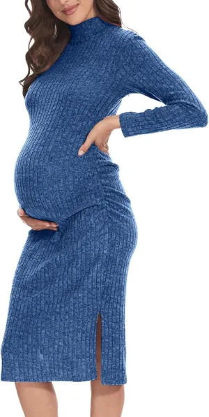 Turtleneck Maternity Dress Rib Knit Long Sleeve Photoshoot Baby Shower Dress Side Ruched Slit Pregnancy Sweater Dress