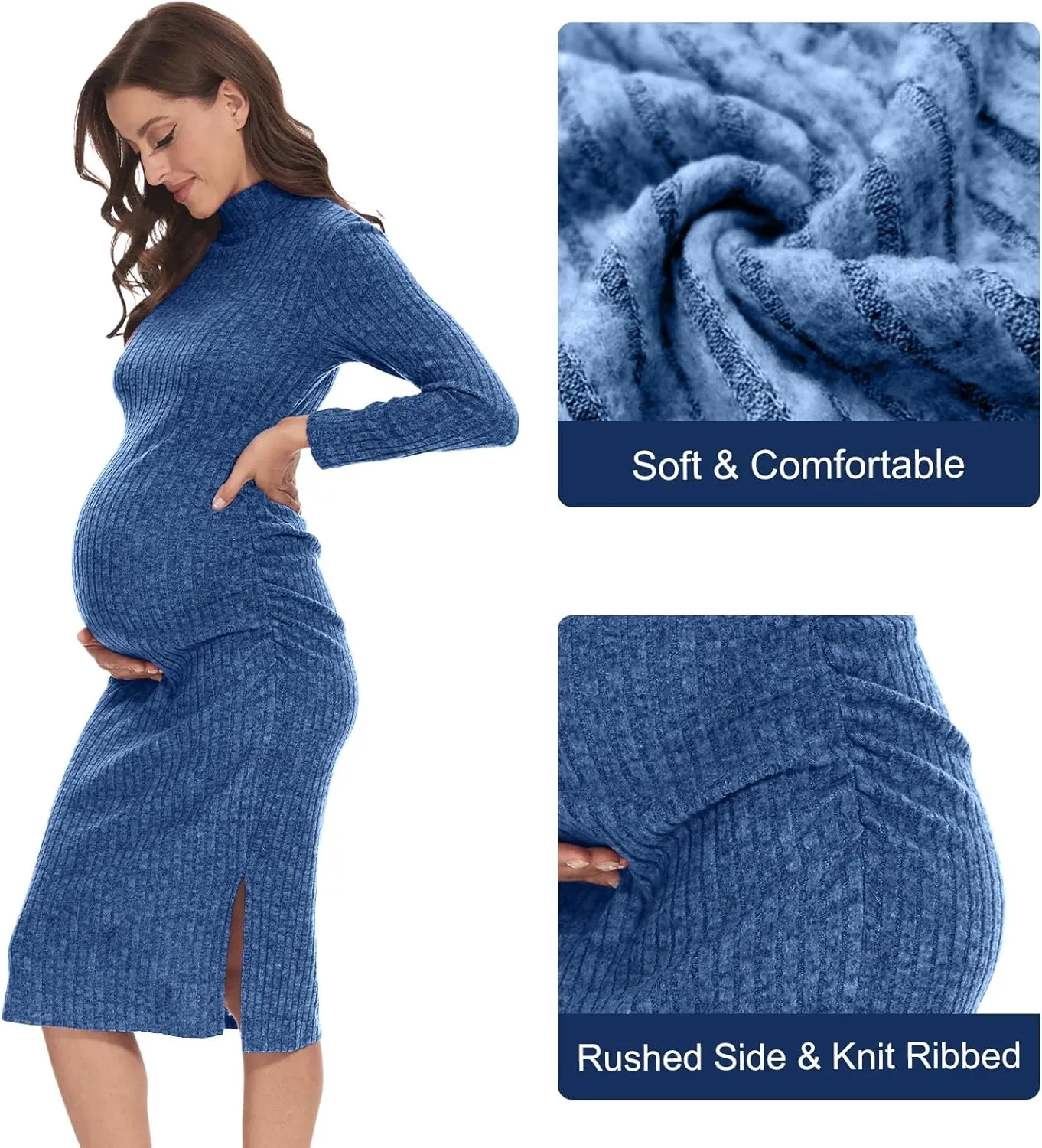 Turtleneck Maternity Dress Rib Knit Long Sleeve Photoshoot Baby Shower Dress Side Ruched Slit Pregnancy Sweater Dress