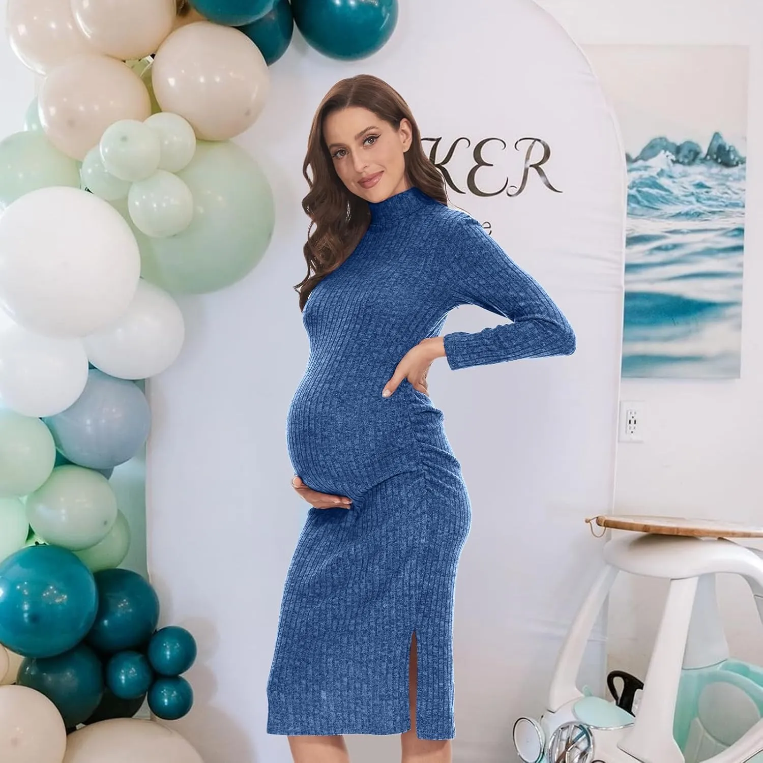 Turtleneck Maternity Dress Rib Knit Long Sleeve Photoshoot Baby Shower Dress Side Ruched Slit Pregnancy Sweater Dress
