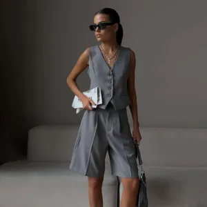 V-Neck Buttoned Vest Straight-Leg Shorts Suit