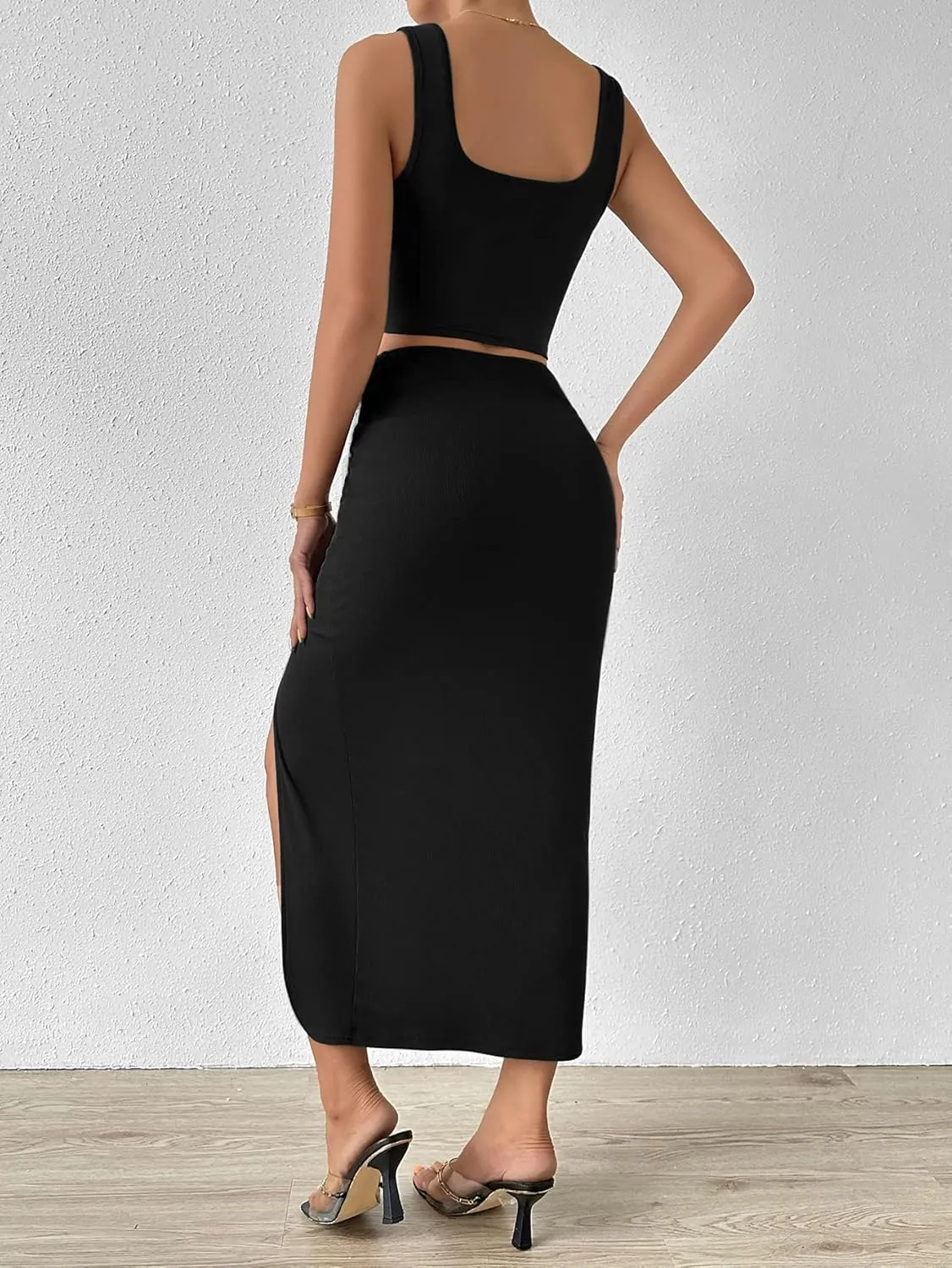 Verdusa Women's 2 Piece Outfits Square Neck Crop Top and Vacation Ruched Skirt Sets