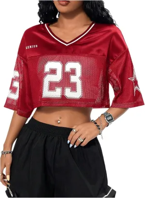 Verdusa Women's Jersey Shirts Hip Hop V Neck Short Sleeve Mesh Crop Top Graphic Tees
