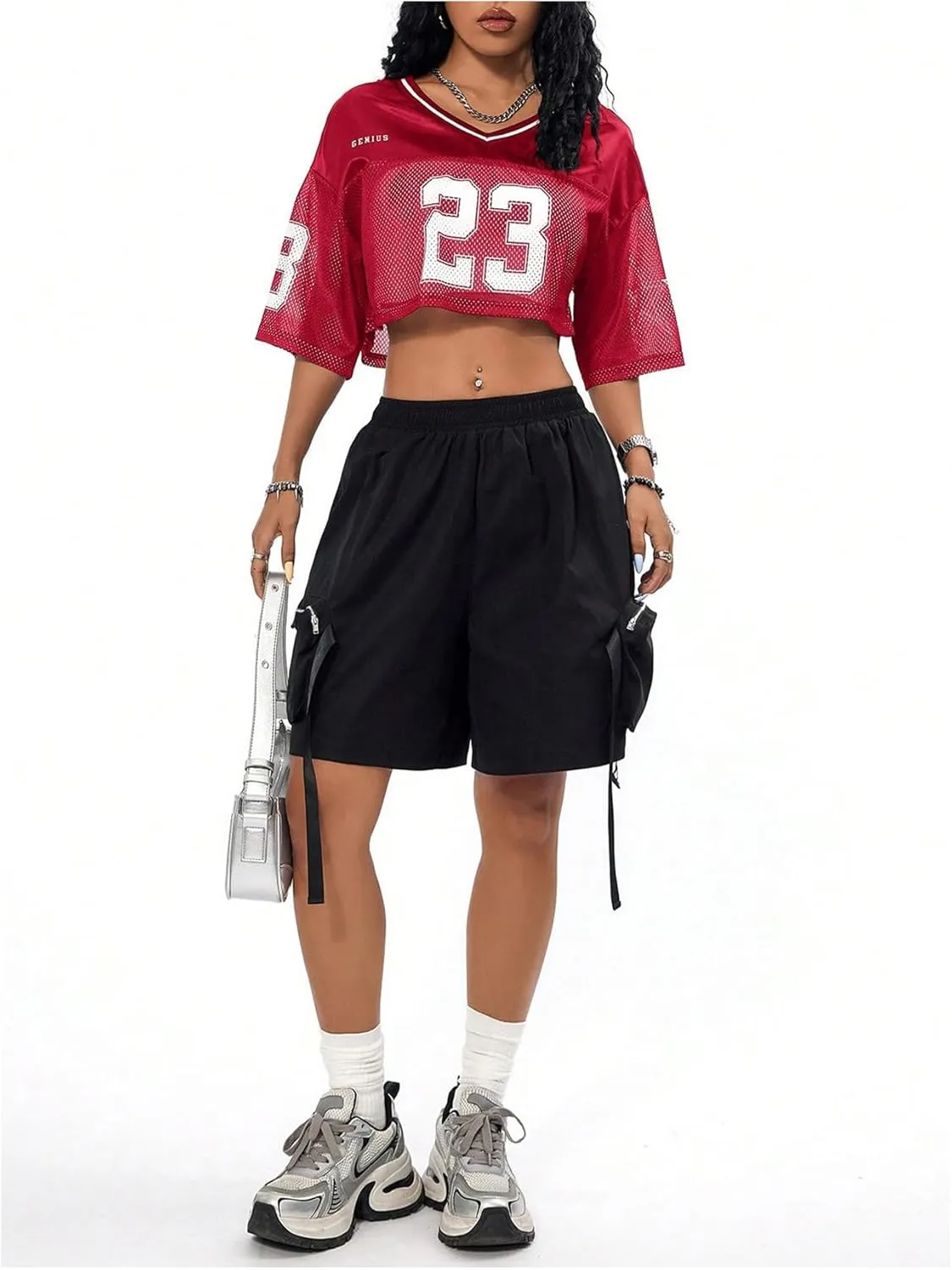 Verdusa Women's Jersey Shirts Hip Hop V Neck Short Sleeve Mesh Crop Top Graphic Tees