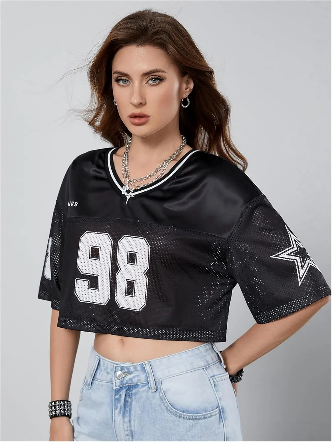 Verdusa Women's Jersey Shirts Hip Hop V Neck Short Sleeve Mesh Crop Top Graphic Tees