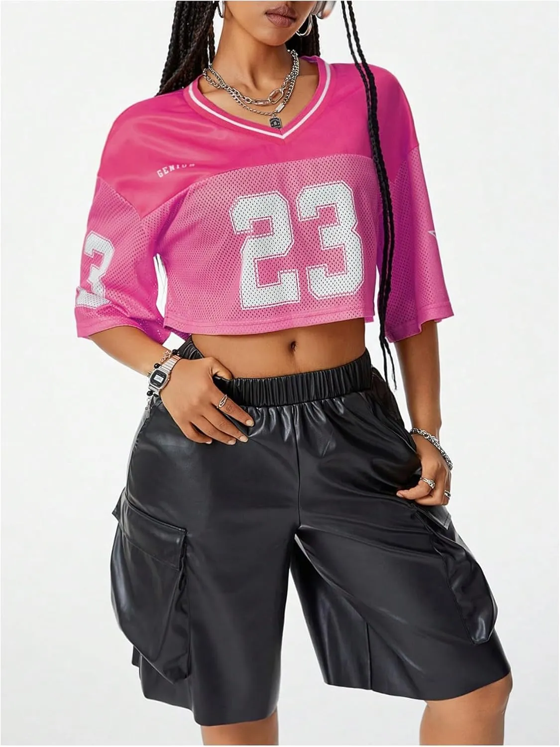 Verdusa Women's Jersey Shirts Hip Hop V Neck Short Sleeve Mesh Crop Top Graphic Tees