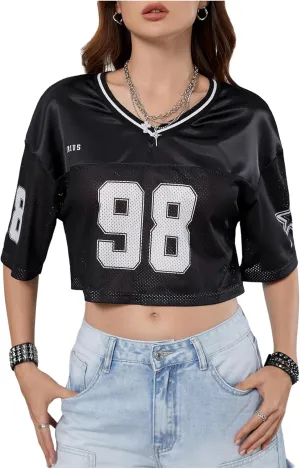 Verdusa Women's Jersey Shirts Hip Hop V Neck Short Sleeve Mesh Crop Top Graphic Tees