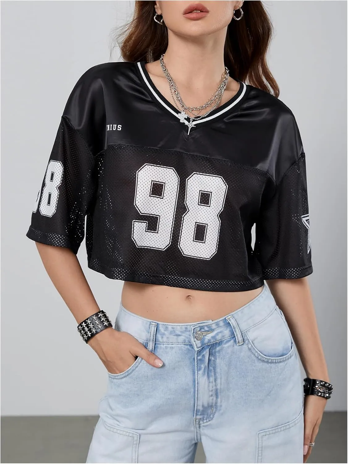 Verdusa Women's Jersey Shirts Hip Hop V Neck Short Sleeve Mesh Crop Top Graphic Tees