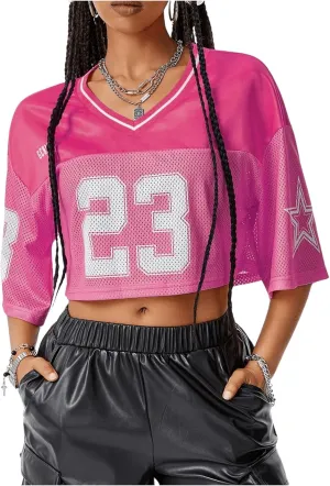 Verdusa Women's Jersey Shirts Hip Hop V Neck Short Sleeve Mesh Crop Top Graphic Tees