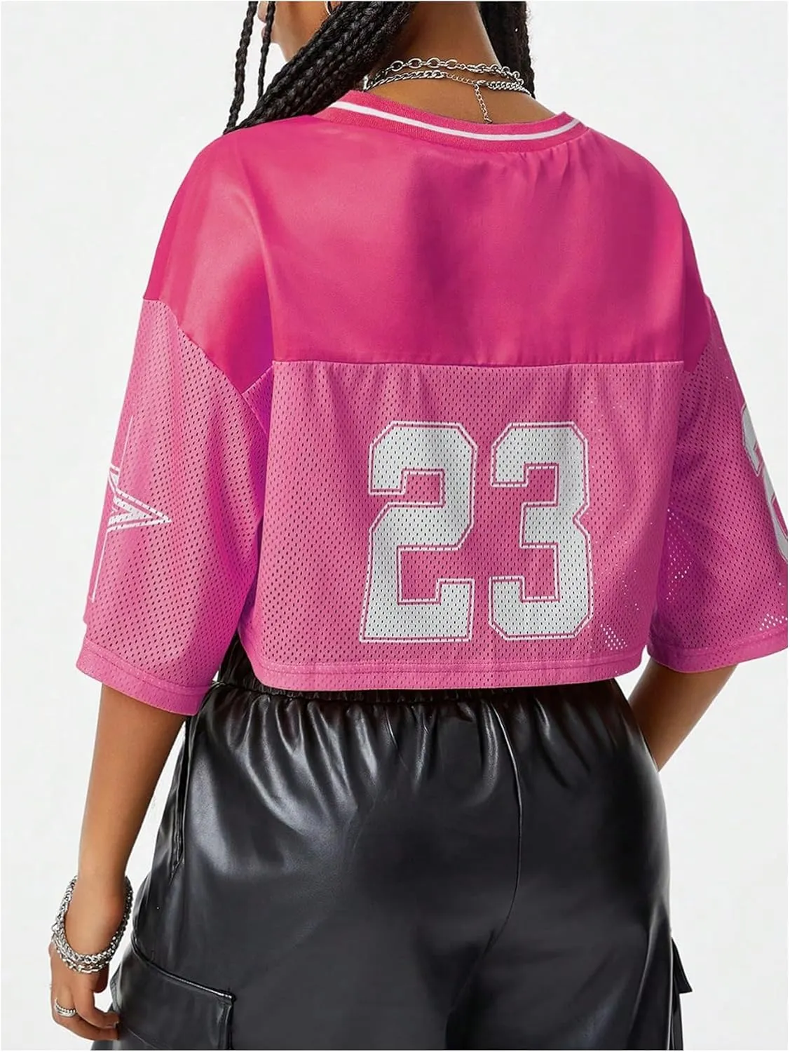 Verdusa Women's Jersey Shirts Hip Hop V Neck Short Sleeve Mesh Crop Top Graphic Tees