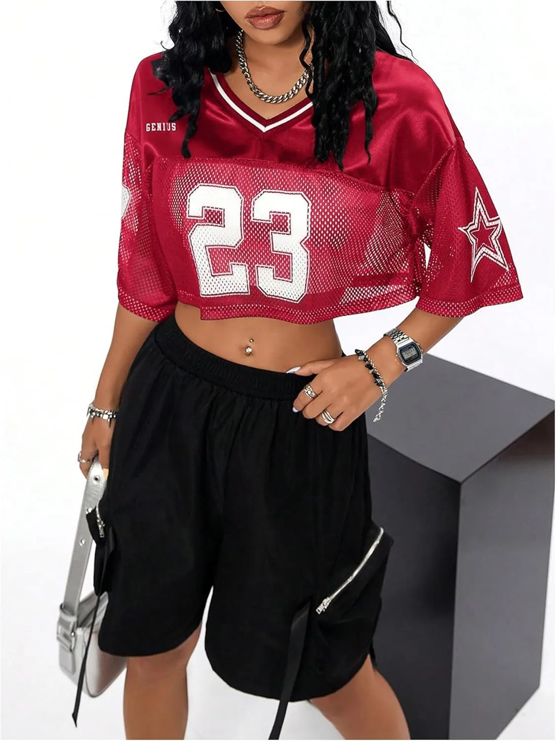 Verdusa Women's Jersey Shirts Hip Hop V Neck Short Sleeve Mesh Crop Top Graphic Tees
