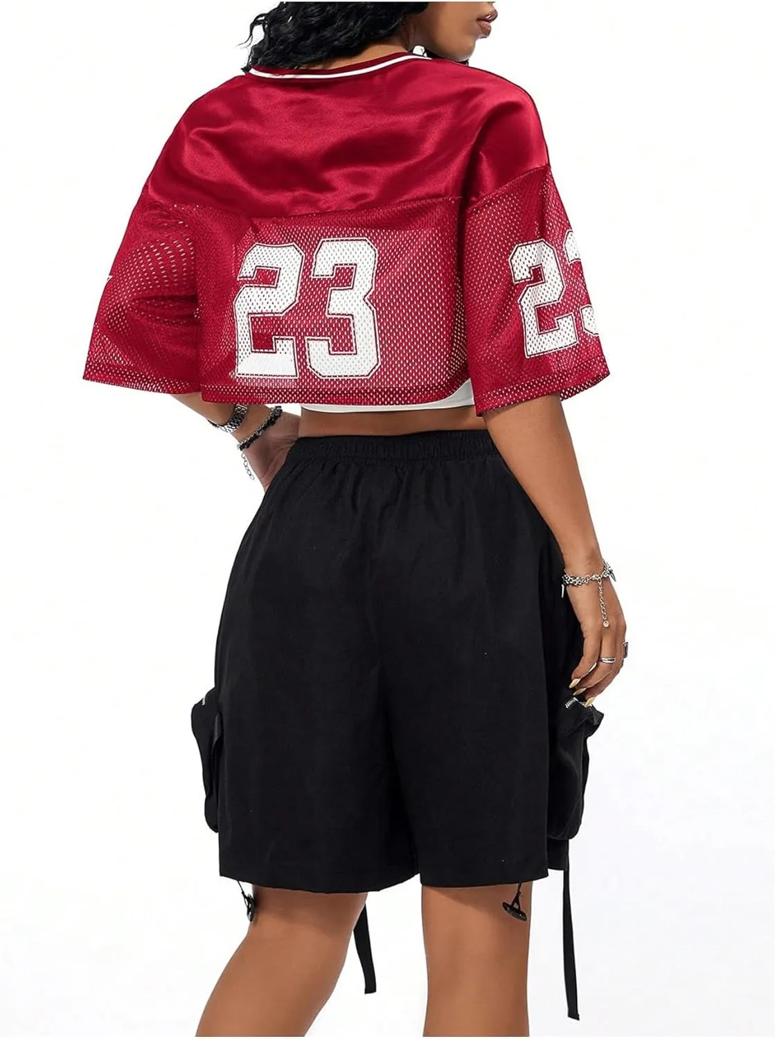 Verdusa Women's Jersey Shirts Hip Hop V Neck Short Sleeve Mesh Crop Top Graphic Tees
